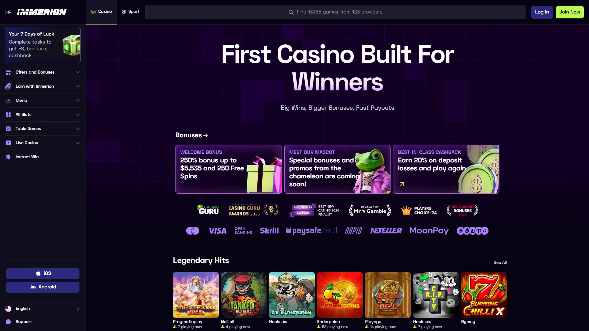 Immerion casino lobby on desktop